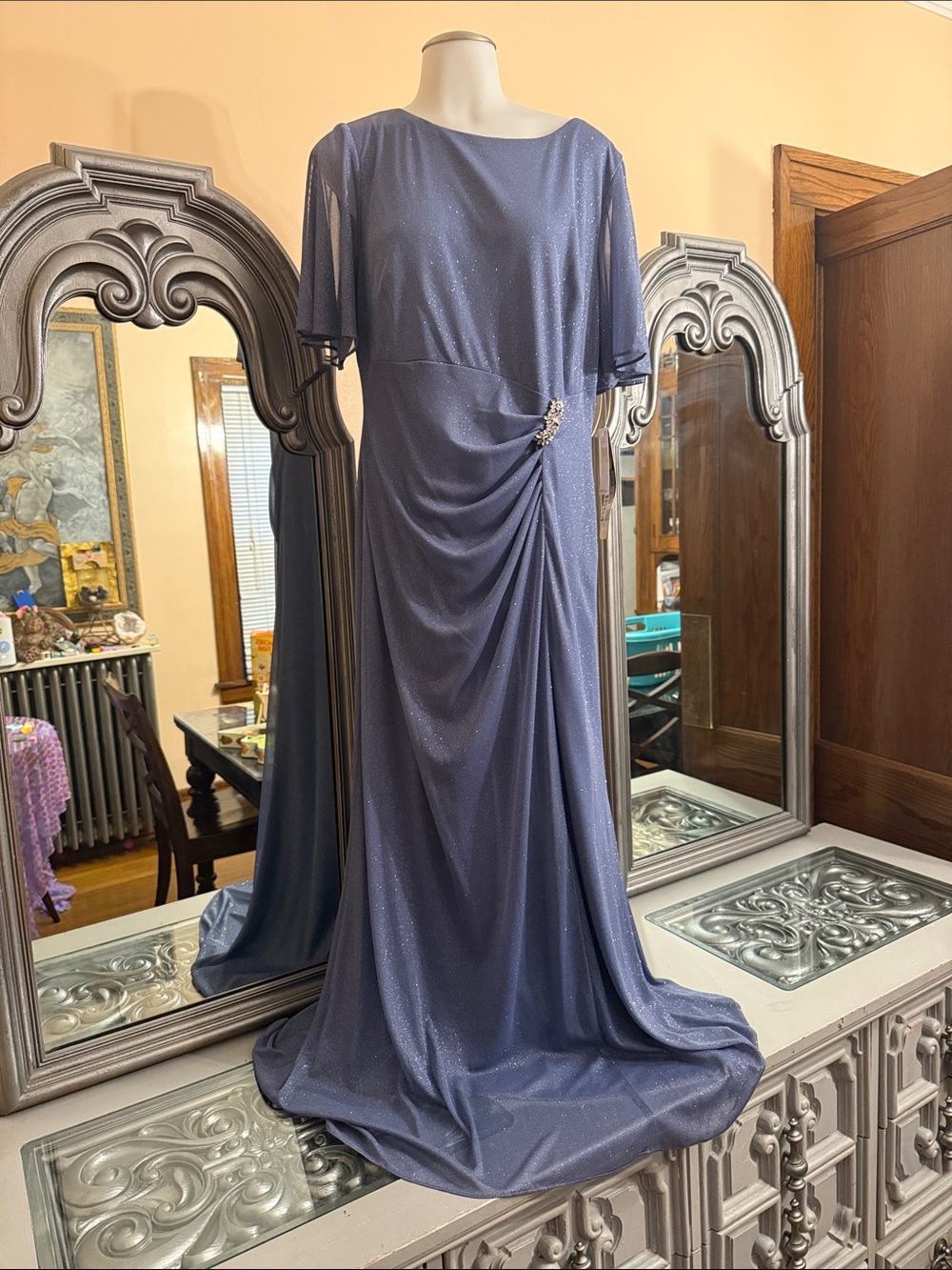S.L. Fashions 14 Petite Dusty Blue Evening Maxi Dress Side Brooch